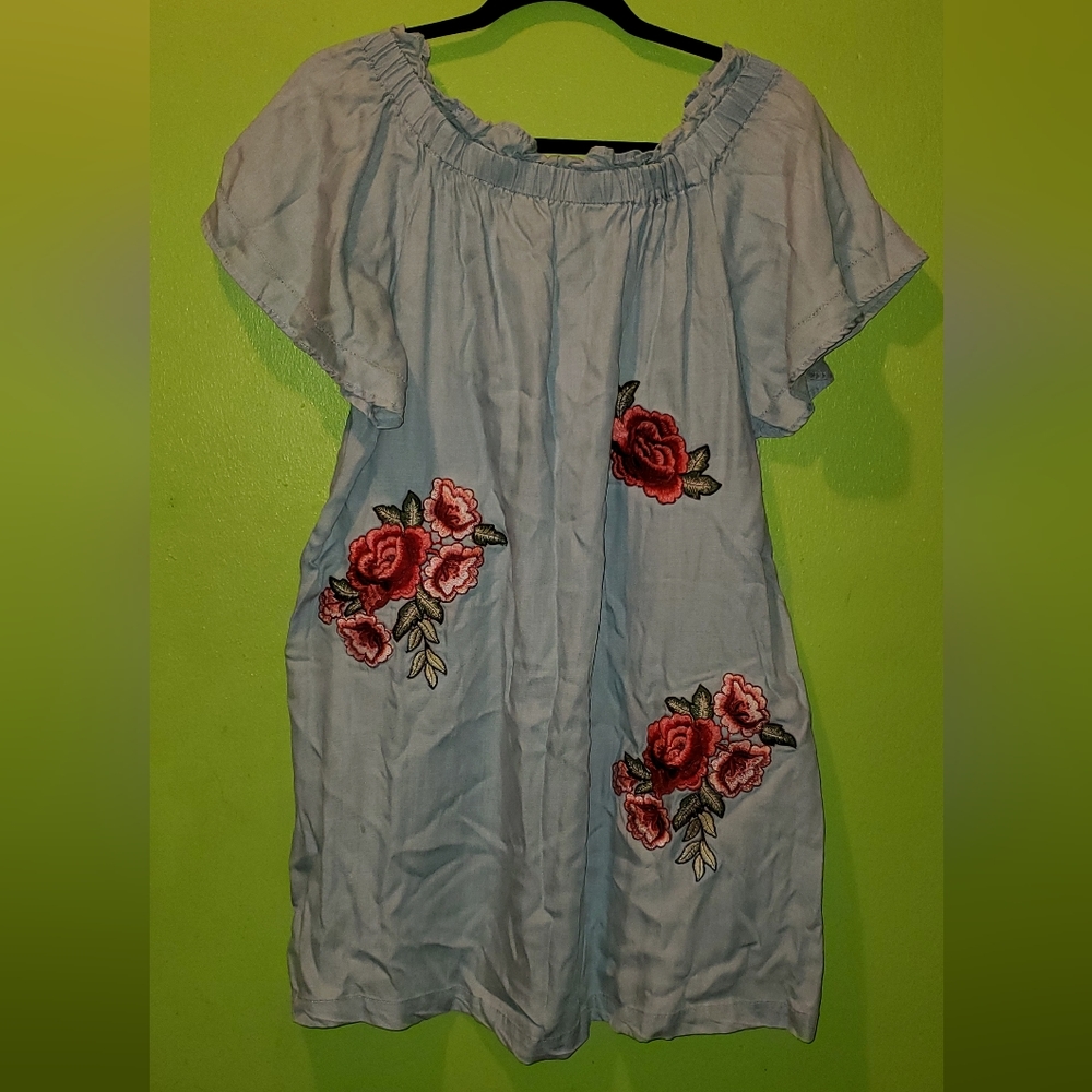 a.n.a - Off-the-Shoulder Floral soft denim dress